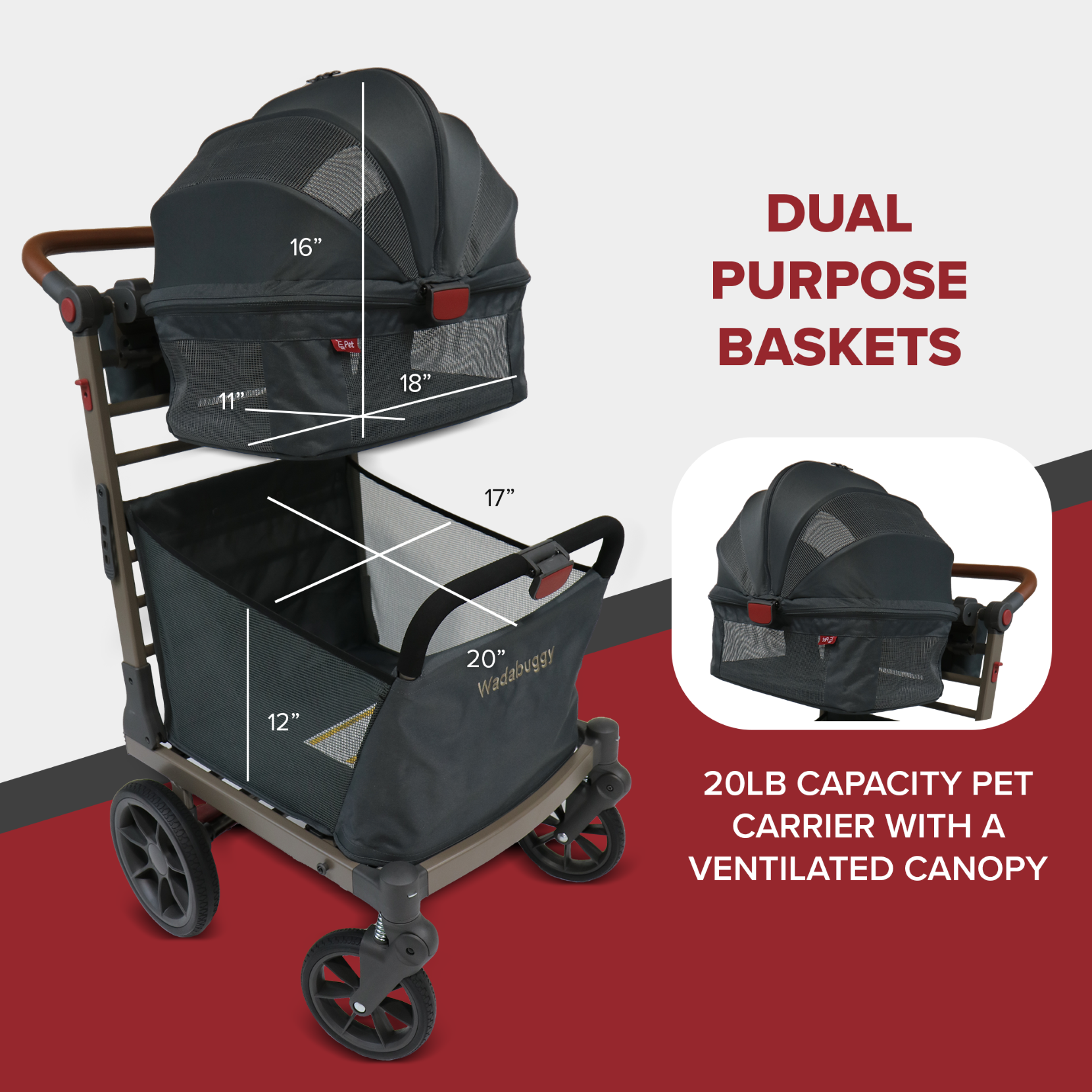 pet stroller wagon Wadabuggy Premium Pet Stroller, Cart, Pet Caddy, Compact Fold, Large Basket, 2 Drink Holders, Zipper Pocket, Adult, Gray